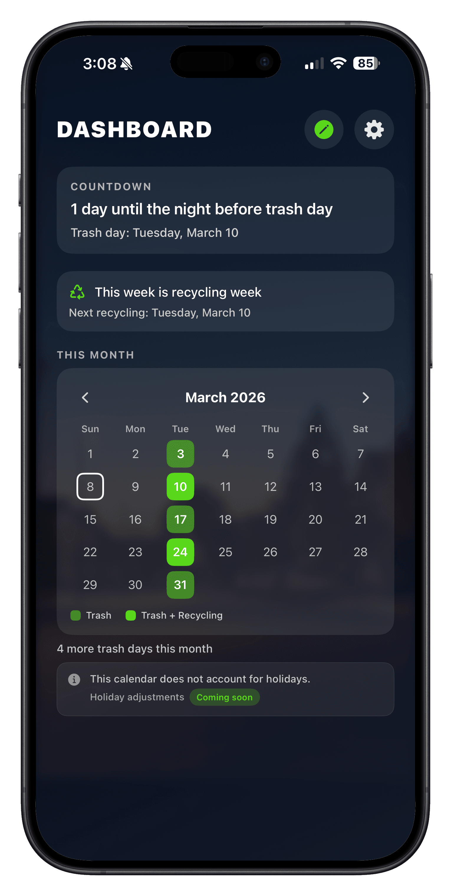 App dashboard screen